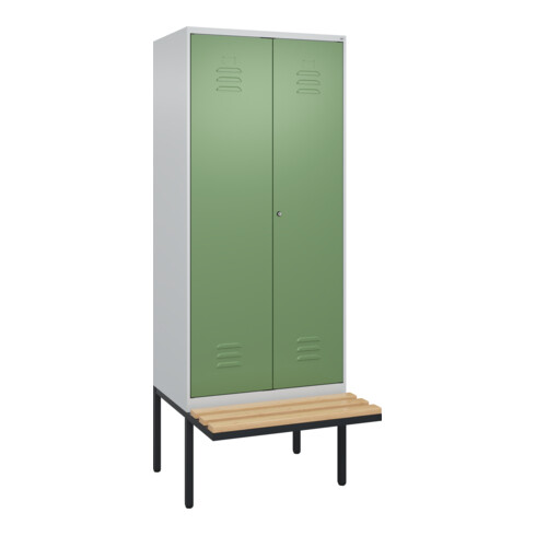 C+P PSA Doppel-Spind Classic PLUS, Bank, 2 Abteile, 2120x800x815mm, 7035/6011 Verschluss Zylinderschloss Sitzbanktyp auskragend Material Sitzfläche Buche-Hartholz