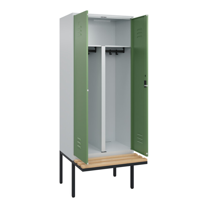 C+P PSA Doppel-Spind Classic PLUS, Bank, 2 Abteile, 2120x800x815mm, 7035/6011 Verschluss Zylinderschloss Sitzbanktyp auskragend Material Sitzfläche Buche-Hartholz