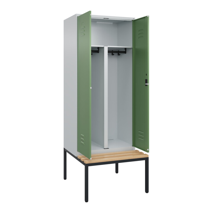 C+P PSA Doppel-Spind Classic PLUS, Bank, 2 Abteile, 2120x800x815mm, 7035/6011 Verschluss Zylinderschloss Sitzbanktyp untergebaut Material Sitzfläche Buche-Hartholz