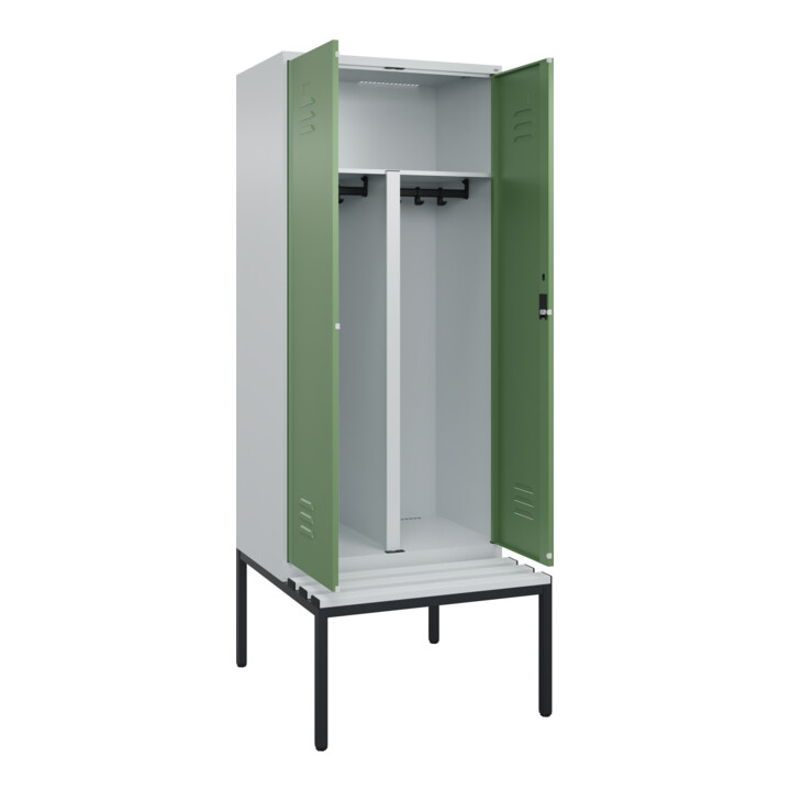 C+P PSA Doppel-Spind Classic PLUS, Bank, 2 Abteile, 2120x800x815mm, 7035/6011 Verschluss Zylinderschloss Sitzbanktyp untergebaut Material Sitzfläche Kunststoff