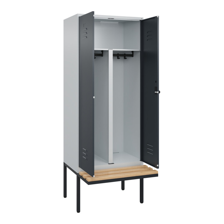 C+P PSA Doppel-Spind Classic PLUS, Bank, 2 Abteile, 2120x800x815mm, 7035/7016 Verschluss Sicherheits-Drehriegel Sitzbanktyp auskragend Material Sitzfläche Buche-Hartholz