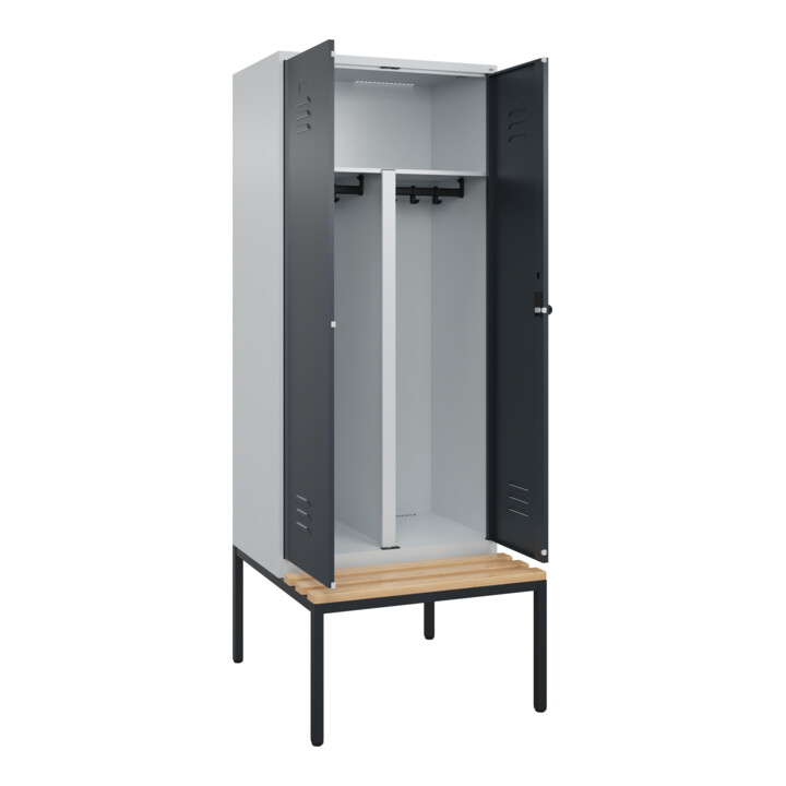 C+P PSA Doppel-Spind Classic PLUS, Bank, 2 Abteile, 2120x800x815mm, 7035/7016 Verschluss Sicherheits-Drehriegel Sitzbanktyp untergebaut Material Sitzfläche Buche-Hartholz