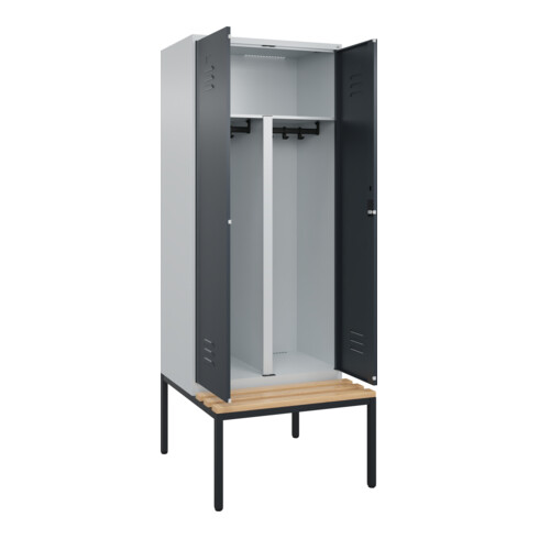 C+P PSA Doppel-Spind Classic PLUS, Bank, 2 Abteile, 2120x800x815mm, 7035/7016 Verschluss Zylinderschloss Sitzbanktyp untergebaut Material Sitzfläche Buche-Hartholz