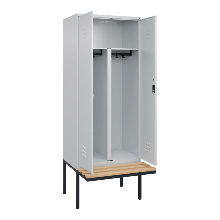 C+P PSA Doppel-Spind Classic PLUS, Bank, 2 Abteile, 2120x800x815mm, 7035/7035 Verschluss Zylinderschloss Sitzbanktyp auskragend Material Sitzfläche Buche-Hartholz