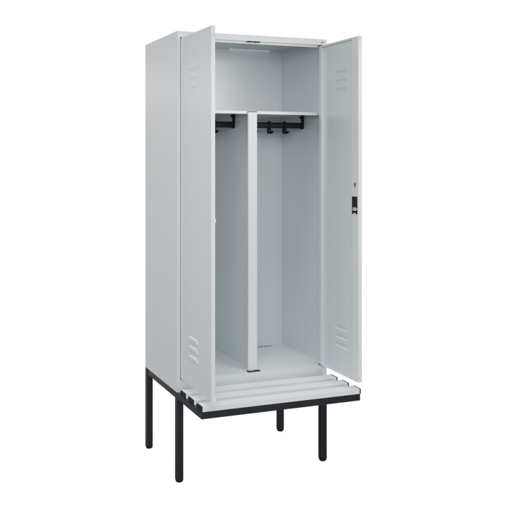 C+P PSA Doppel-Spind Classic PLUS, Bank, 2 Abteile, 2120x800x815mm, 7035/7035 Verschluss Zylinderschloss Sitzbanktyp auskragend Material Sitzfläche Kunststoff