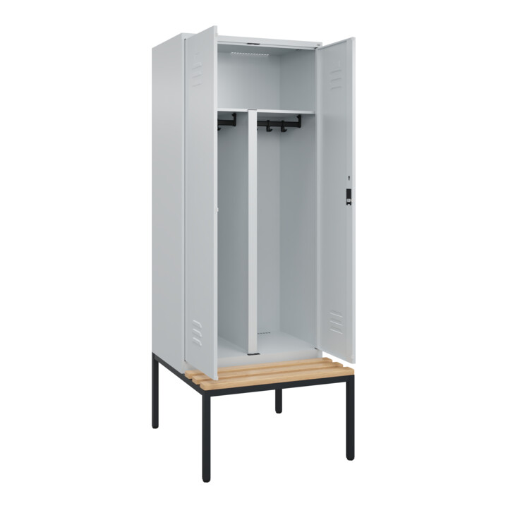 C+P PSA Doppel-Spind Classic PLUS, Bank, 2 Abteile, 2120x800x815mm, 7035/7035 Verschluss Zylinderschloss Sitzbanktyp untergebaut Material Sitzfläche Buche-Hartholz