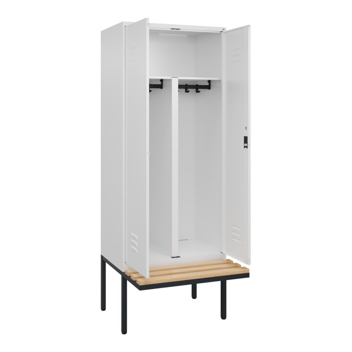 C+P PSA Doppel-Spind Classic PLUS, Bank, 2 Abteile, 2120x800x815mm, 9016/9016 Verschluss Zylinderschloss Sitzbanktyp auskragend Material Sitzfläche Buche-Hartholz