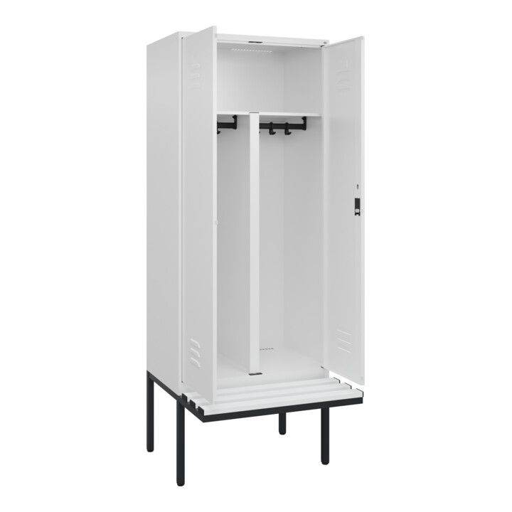 C+P PSA Doppel-Spind Classic PLUS, Bank, 2 Abteile, 2120x800x815mm, 9016/9016 Verschluss Zylinderschloss Sitzbanktyp auskragend Material Sitzfläche Kunststoff