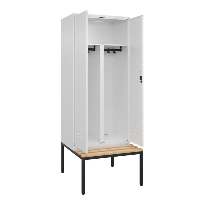 C+P PSA Doppel-Spind Classic PLUS, Bank, 2 Abteile, 2120x800x815mm, 9016/9016 Verschluss Zylinderschloss Sitzbanktyp untergebaut Material Sitzfläche Buche-Hartholz