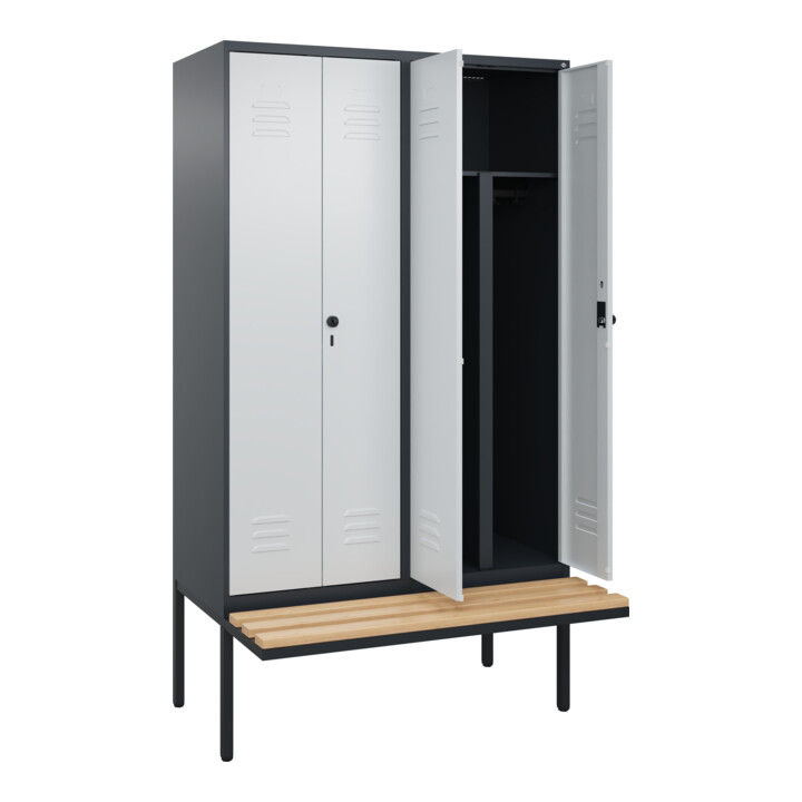 C+P PSA Doppel-Spind Classic PLUS, Bank, 4 Abteile, 2120x1200x815mm, 7016/7035 Verschluss Sicherheits-Drehriegel Sitzbanktyp auskragend Material Sitzfläche Buche-Hartholz