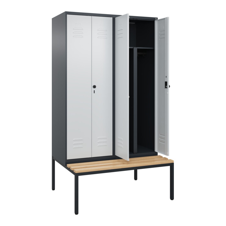C+P PSA Doppel-Spind Classic PLUS, Bank, 4 Abteile, 2120x1200x815mm, 7016/7035 Verschluss Sicherheits-Drehriegel Sitzbanktyp untergebaut Material Sitzfläche Buche-Hartholz
