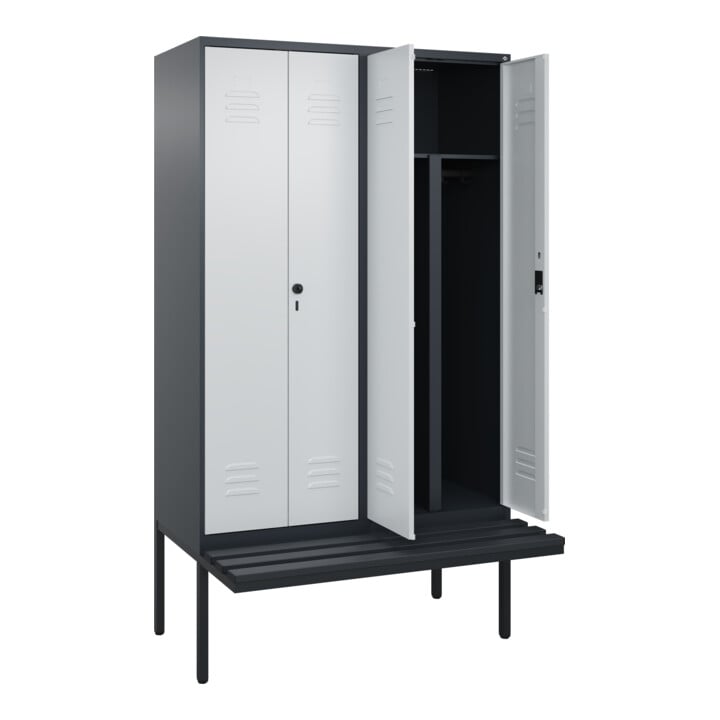 C+P PSA Doppel-Spind Classic PLUS, Bank, 4 Abteile, 2120x1200x815mm, 7016/7035 Verschluss Zylinderschloss Sitzbanktyp auskragend Material Sitzfläche Kunststoff