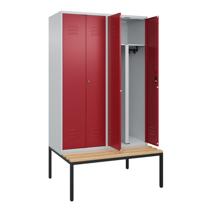 C+P PSA Doppel-Spind Classic PLUS, Bank, 4 Abteile, 2120x1200x815mm, 7035/3003 Verschluss Zylinderschloss Sitzbanktyp untergebaut Material Sitzfläche Buche-Hartholz
