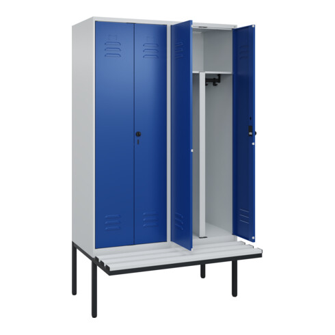 C+P PSA Doppel-Spind Classic PLUS, Bank, 4 Abteile, 2120x1200x815mm, 7035/5010 Verschluss Sicherheits-Drehriegel Sitzbanktyp auskragend Material Sitzfläche Kunststoff