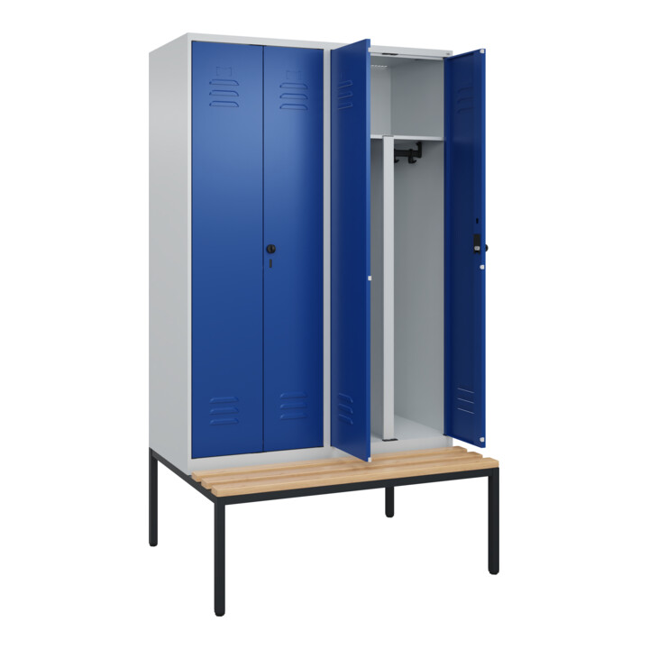 C+P PSA Doppel-Spind Classic PLUS, Bank, 4 Abteile, 2120x1200x815mm, 7035/5010 Verschluss Sicherheits-Drehriegel Sitzbanktyp untergebaut Material Sitzfläche Buche-Hartholz