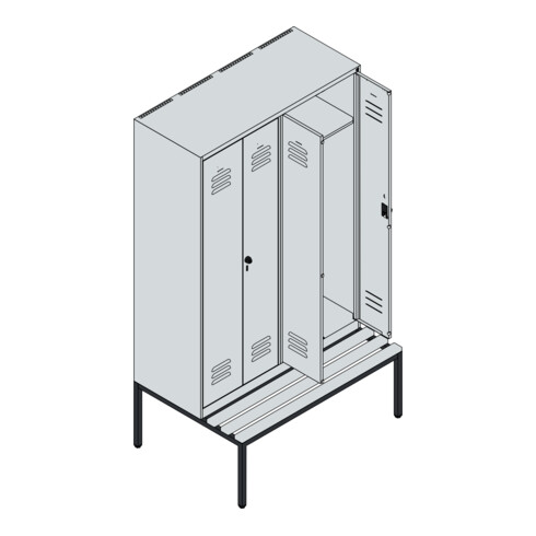 C+P PSA Doppel-Spind Classic PLUS, Bank, 4 Abteile, 2120x1200x815mm, 7035/5010 Verschluss Sicherheits-Drehriegel Sitzbanktyp untergebaut Material Sitzfläche Buche-Hartholz