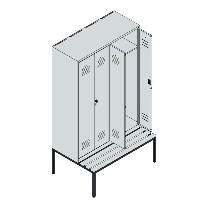 C+P PSA Doppel-Spind Classic PLUS, Bank, 4 Abteile, 2120x1200x815mm, 7035/5010 Verschluss Sicherheits-Drehriegel Sitzbanktyp untergebaut Material Sitzfläche Buche-Hartholz