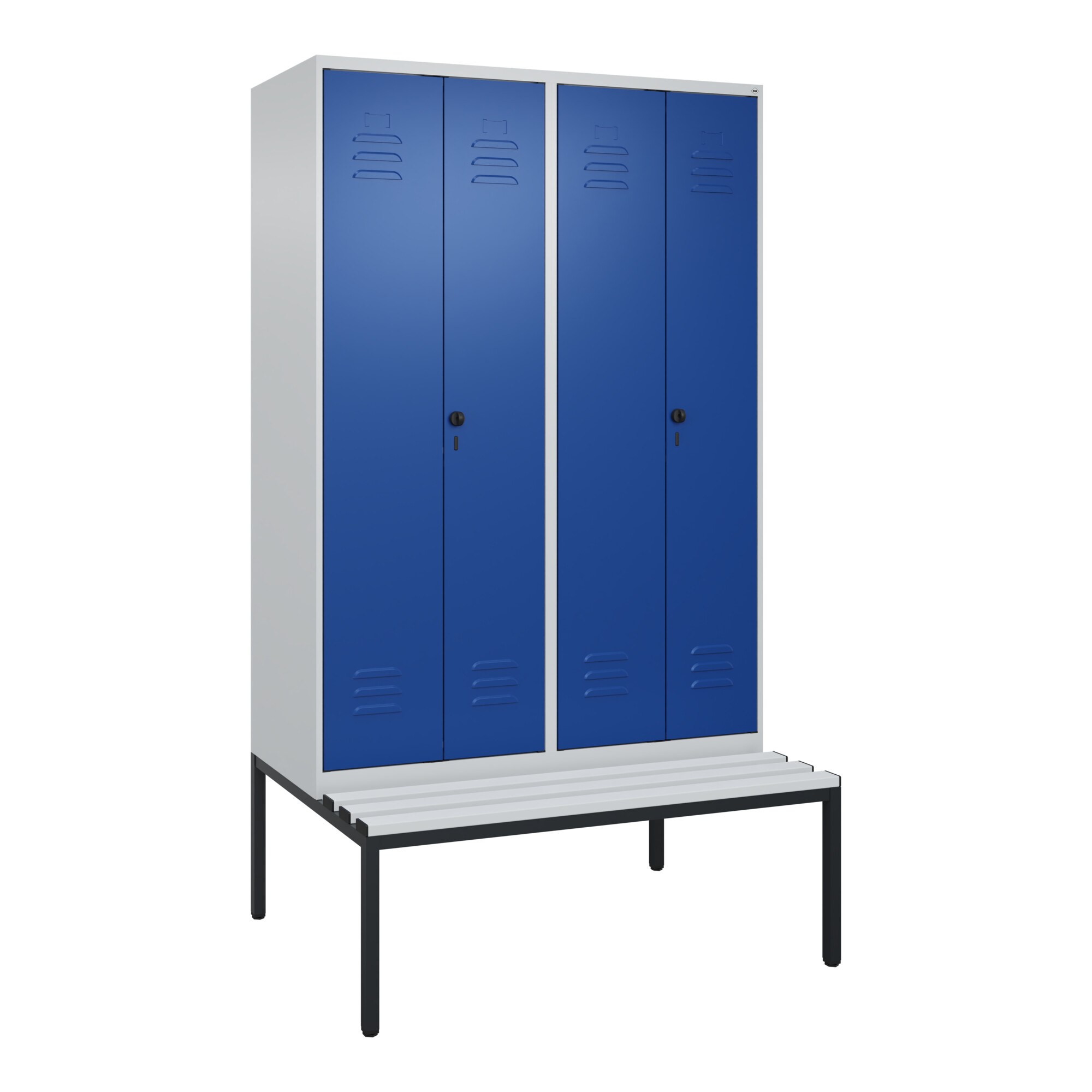 C+P PSA Doppel-Spind Classic PLUS, Bank, 4 Abteile, 2120x1200x815mm, 7035/5010 Verschluss Sicherheits-Drehriegel Sitzbanktyp untergebaut Material Sitz