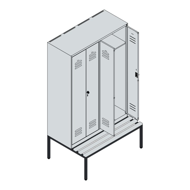 C+P PSA Doppel-Spind Classic PLUS, Bank, 4 Abteile, 2120x1200x815mm, 7035/5010 Verschluss Zylinderschloss Sitzbanktyp untergebaut Material Sitzfläche Buche-Hartholz
