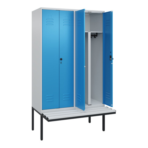 C+P PSA Doppel-Spind Classic PLUS, Bank, 4 Abteile, 2120x1200x815mm, 7035/5012 Verschluss Sicherheits-Drehriegel Sitzbanktyp auskragend Material Sitzfläche Kunststoff