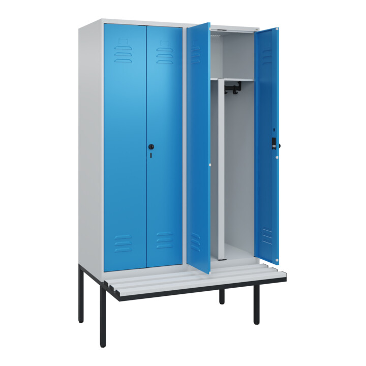C+P PSA Doppel-Spind Classic PLUS, Bank, 4 Abteile, 2120x1200x815mm, 7035/5012 Verschluss Sicherheits-Drehriegel Sitzbanktyp auskragend Material Sitzfläche Kunststoff
