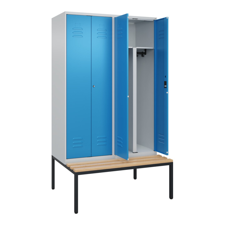 C+P PSA Doppel-Spind Classic PLUS, Bank, 4 Abteile, 2120x1200x815mm, 7035/5012 Verschluss Zylinderschloss Sitzbanktyp untergebaut Material Sitzfläche Buche-Hartholz