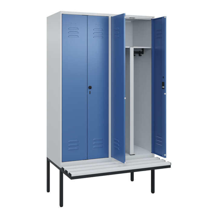 C+P PSA Doppel-Spind Classic PLUS, Bank, 4 Abteile, 2120x1200x815mm, 7035/5023 Verschluss Zylinderschloss Sitzbanktyp auskragend Material Sitzfläche Kunststoff