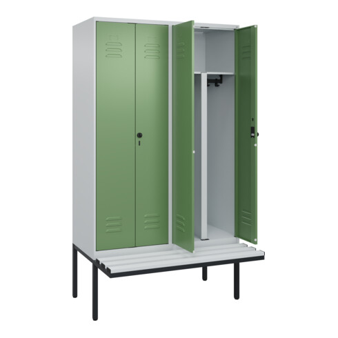 C+P PSA Doppel-Spind Classic PLUS, Bank, 4 Abteile, 2120x1200x815mm, 7035/6011 Verschluss Sicherheits-Drehriegel Sitzbanktyp auskragend Material Sitzfläche Kunststoff