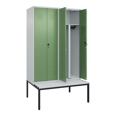 C+P PSA Doppel-Spind Classic PLUS, Bank, 4 Abteile, 2120x1200x815mm, 7035/6011 Verschluss Sicherheits-Drehriegel Sitzbanktyp untergebaut Material Sitzfläche Kunststoff