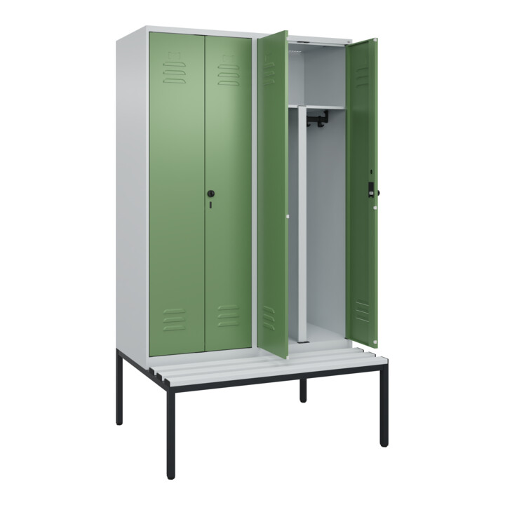 C+P PSA Doppel-Spind Classic PLUS, Bank, 4 Abteile, 2120x1200x815mm, 7035/6011 Verschluss Sicherheits-Drehriegel Sitzbanktyp untergebaut Material Sitzfläche Kunststoff
