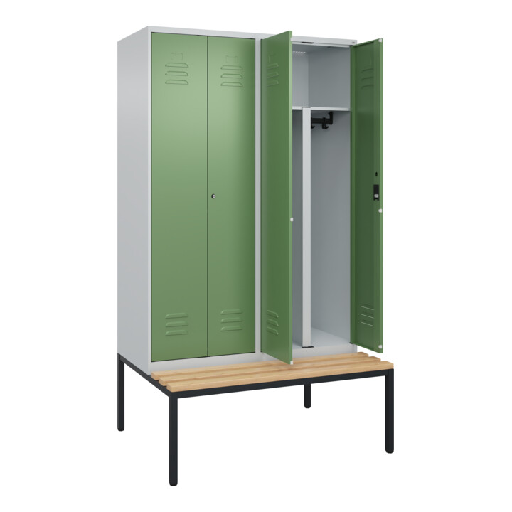 C+P PSA Doppel-Spind Classic PLUS, Bank, 4 Abteile, 2120x1200x815mm, 7035/6011 Verschluss Zylinderschloss Sitzbanktyp untergebaut Material Sitzfläche Buche-Hartholz