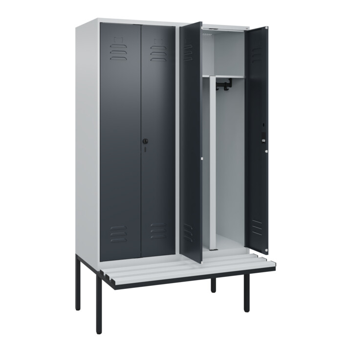 C+P PSA Doppel-Spind Classic PLUS, Bank, 4 Abteile, 2120x1200x815mm, 7035/7016 Verschluss Zylinderschloss Sitzbanktyp auskragend Material Sitzfläche Kunststoff
