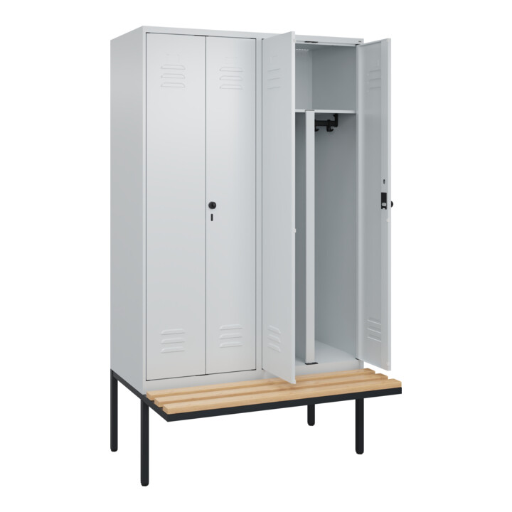 C+P PSA Doppel-Spind Classic PLUS, Bank, 4 Abteile, 2120x1200x815mm, 7035/7035 Verschluss Sicherheits-Drehriegel Sitzbanktyp auskragend Material Sitzfläche Buche-Hartholz