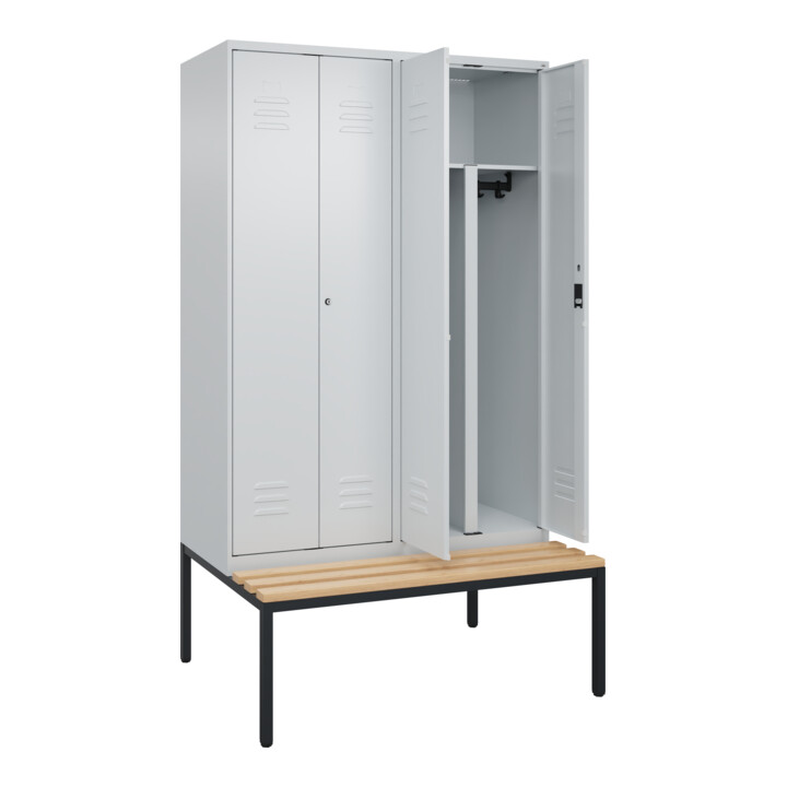 C+P PSA Doppel-Spind Classic PLUS, Bank, 4 Abteile, 2120x1200x815mm, 7035/7035 Verschluss Zylinderschloss Sitzbanktyp untergebaut Material Sitzfläche Buche-Hartholz