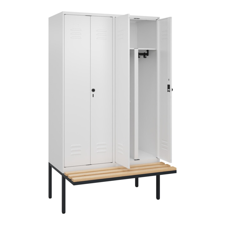 C+P PSA Doppel-Spind Classic PLUS, Bank, 4 Abteile, 2120x1200x815mm, 9016/9016 Verschluss Sicherheits-Drehriegel Sitzbanktyp auskragend Material Sitzfläche Buche-Hartholz
