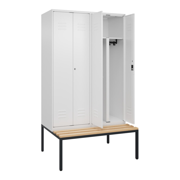 C+P PSA Doppel-Spind Classic PLUS, Bank, 4 Abteile, 2120x1200x815mm, 9016/9016 Verschluss Zylinderschloss Sitzbanktyp untergebaut Material Sitzfläche Buche-Hartholz