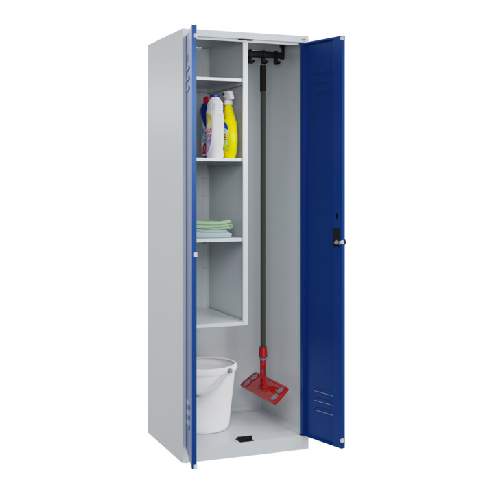C+P Putzmittel-Spind Classic PLUS, 2 Abteile, 1850x600x500mm, 7035/5010 Verschluss Sicherheits-Drehriegel
