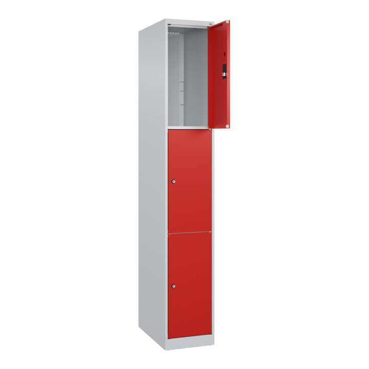 C+P Schließfachschrank Classic PLUS, 1 Abteil, 1850x300x500mm, 7035/3020 Innenhöhe Gefach oben (oberes 599 mm Front RAL 3020 Verkehrsrot