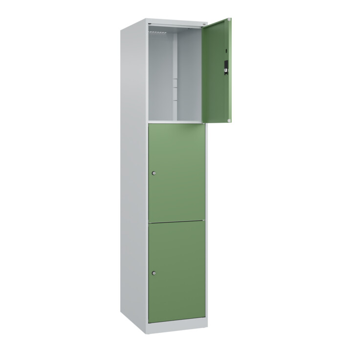 C+P Schließfachschrank Classic PLUS, 1 Abteil, 1850x400x500mm, 7035/6011 Innenhöhe Gefach oben (oberes 599 mm Front RAL 6011 Resedagrün