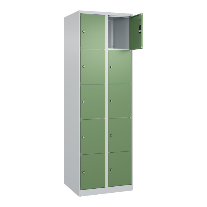 C+P Schließfachschrank Classic PLUS, 2 Abteile, 1850x600x500mm, 7035/6011 Innenhöhe Gefach oben (oberes 365 mm Front RAL 6011 Resedagrün