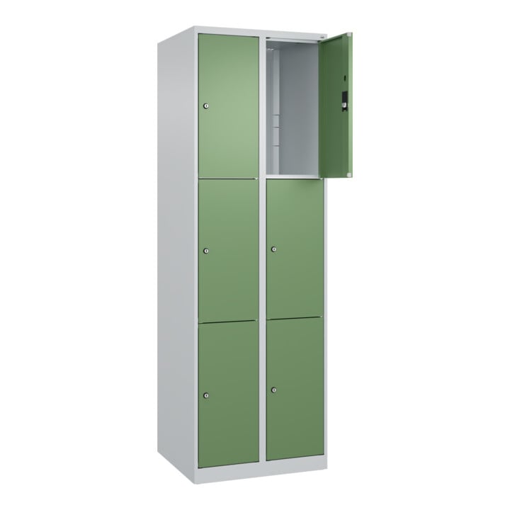 C+P Schließfachschrank Classic PLUS, 2 Abteile, 1850x600x500mm, 7035/6011 Innenhöhe Gefach oben (oberes 599 mm Front RAL 6011 Resedagrün
