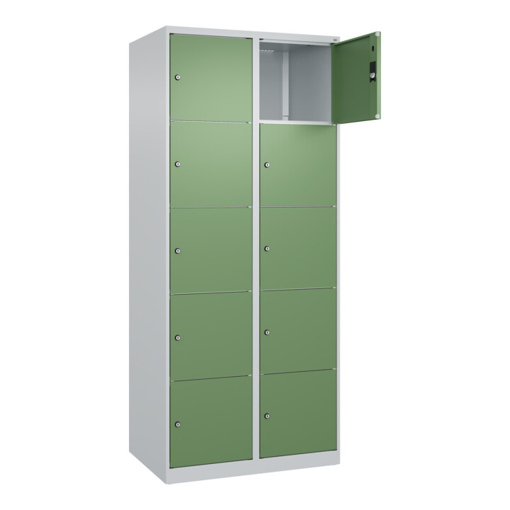 C+P Schließfachschrank Classic PLUS, 2 Abteile, 1850x800x500mm, 7035/6011 Innenhöhe Gefach oben (oberes 365 mm Front RAL 6011 Resedagrün
