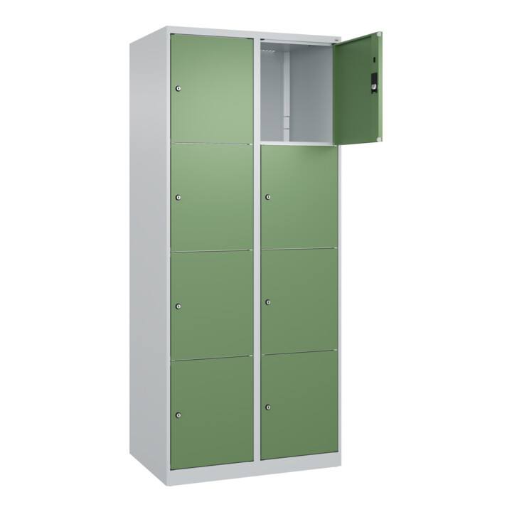 C+P Schließfachschrank Classic PLUS, 2 Abteile, 1850x800x500mm, 7035/6011 Innenhöhe Gefach oben (oberes 453 mm Front RAL 6011 Resedagrün