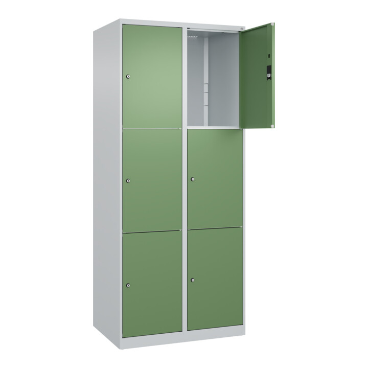 C+P Schließfachschrank Classic PLUS, 2 Abteile, 1850x800x500mm, 7035/6011 Innenhöhe Gefach oben (oberes 599 mm Front RAL 6011 Resedagrün