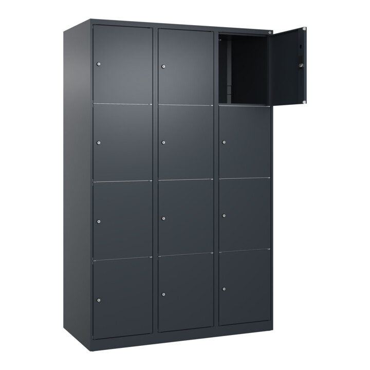 C+P Schließfachschrank Classic PLUS, 3 Abteile, 1850x1200x500mm, 7016/7016 Innenhöhe Gefach oben (oberes 453 mm Front RAL 7016 Anthrazitgrau