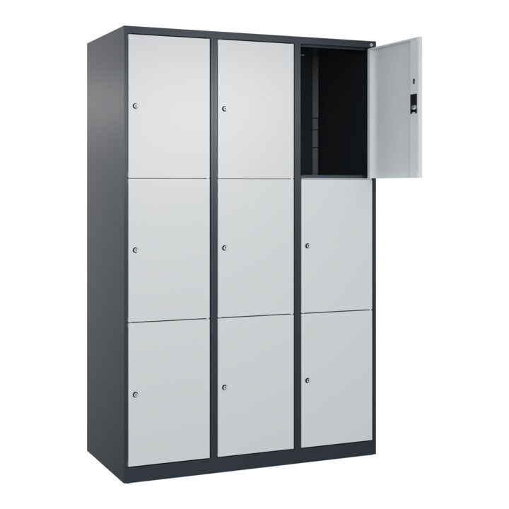 C+P Schließfachschrank Classic PLUS, 3 Abteile, 1850x1200x500mm, 7016/7035 Innenhöhe Gefach oben (oberes 599 mm Front RAL 7035 Lichtgrau