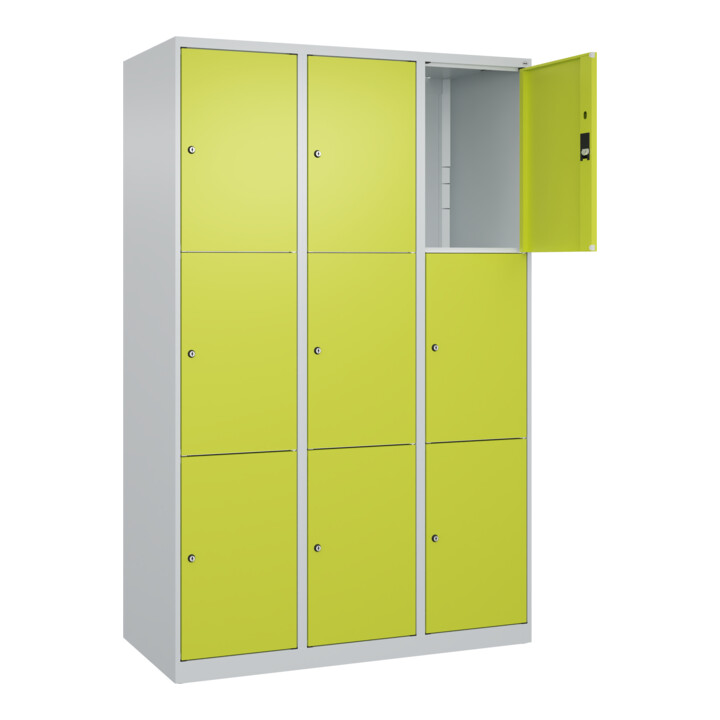C+P Schließfachschrank Classic PLUS, 3 Abteile, 1850x1200x500mm, 7035/0024 Innenhöhe Gefach oben (oberes 599 mm Front 1108060 RDS Viridingrün
