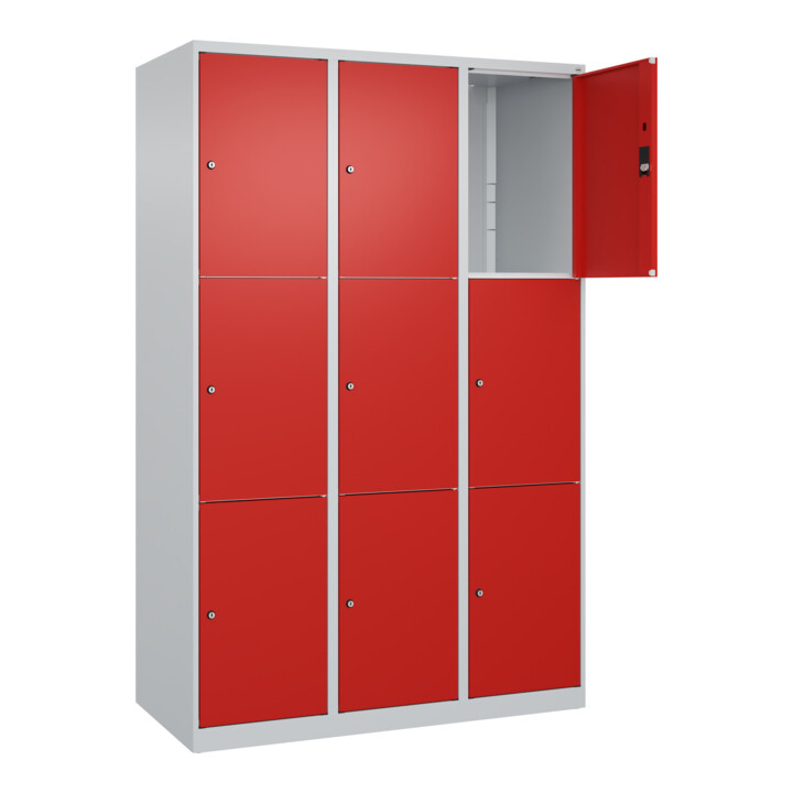 C+P Schließfachschrank Classic PLUS, 3 Abteile, 1850x1200x500mm, 7035/3020 Innenhöhe Gefach oben (oberes 599 mm Front RAL 3020 Verkehrsrot