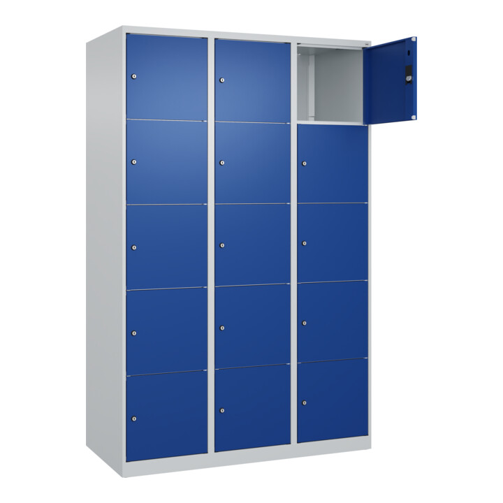 C+P Schließfachschrank Classic PLUS, 3 Abteile, 1850x1200x500mm, 7035/5010 Innenhöhe Gefach oben (oberes 365 mm Front RAL 5010 Enzianblau