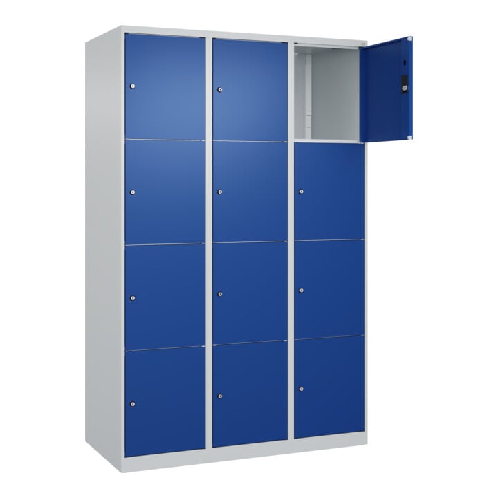 C+P Schließfachschrank Classic PLUS, 3 Abteile, 1850x1200x500mm, 7035/5010 Innenhöhe Gefach oben (oberes 453 mm Front RAL 5010 Enzianblau